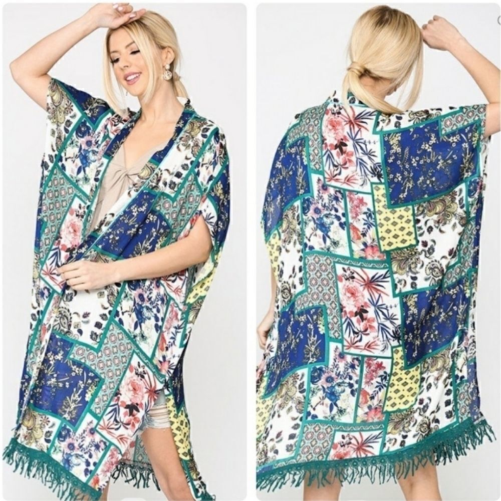 NWT Floral Boho Patchwork Fringed Kimono-M